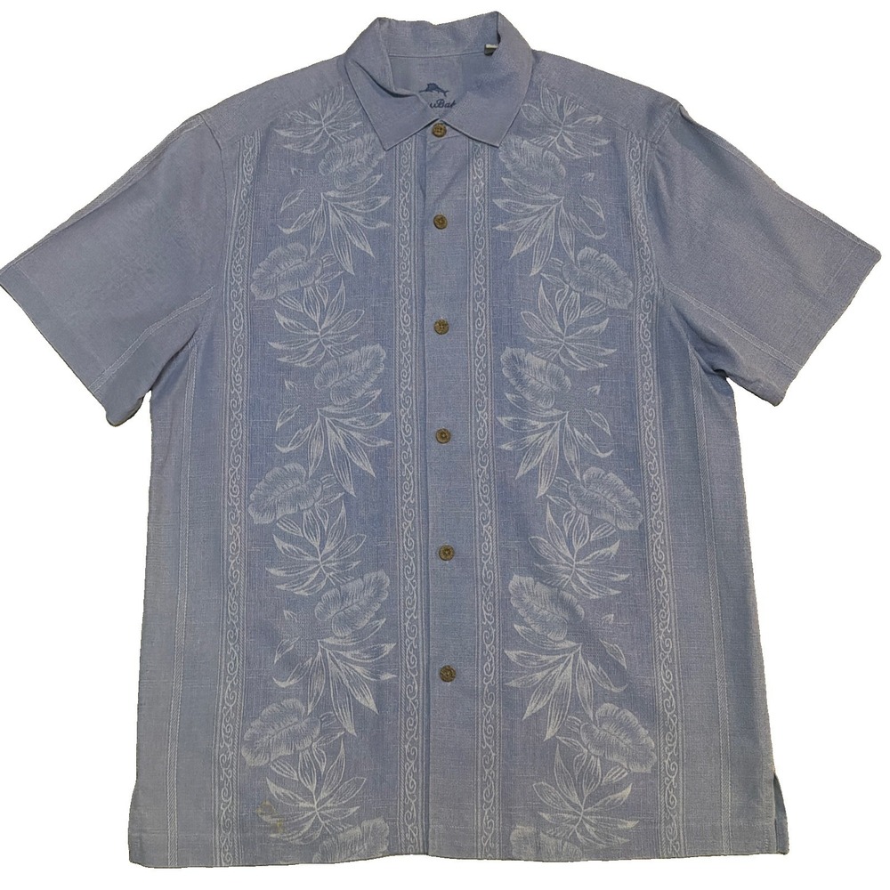 Tommy Bahama Men's M 100% Silk Hawaiian Short Sleeve Shirt Blue Textured